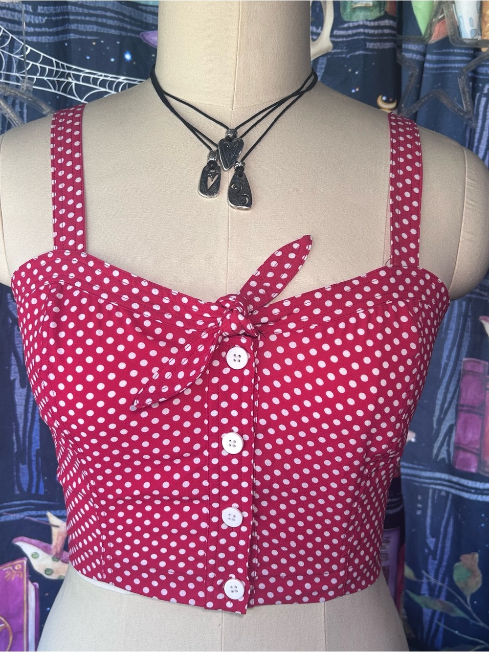 American Rag Red Polka Dot Americana Coset Tank Top With Knot Tie And Buttons